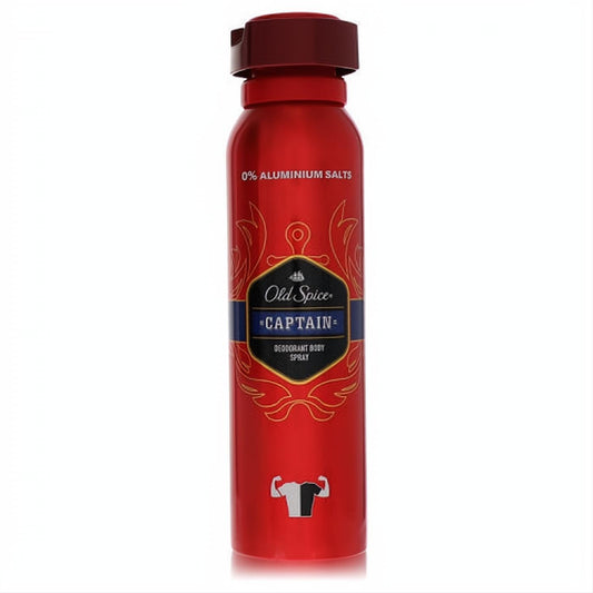 Bold Old Spice Captain deodorant body spray in a vibrant red metallic can. Features 0% aluminum salts and a distinctive nautical design.