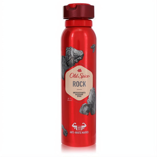 Vibrant red Old Spice Rock antiperspirant deodorant spray, 48-hour protection, anti-white marks, bold rock design.