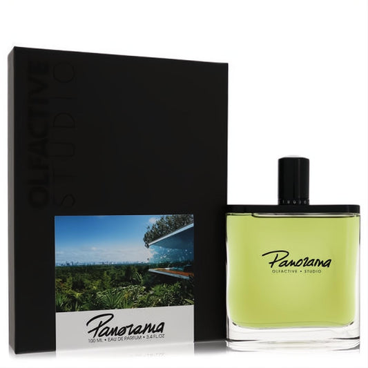 Olfactive Studio Panorama 3.4 oz unisex EDP. Vibrant green liquid in a sleek glass bottle, beside its modern black box with a lush landscape design.