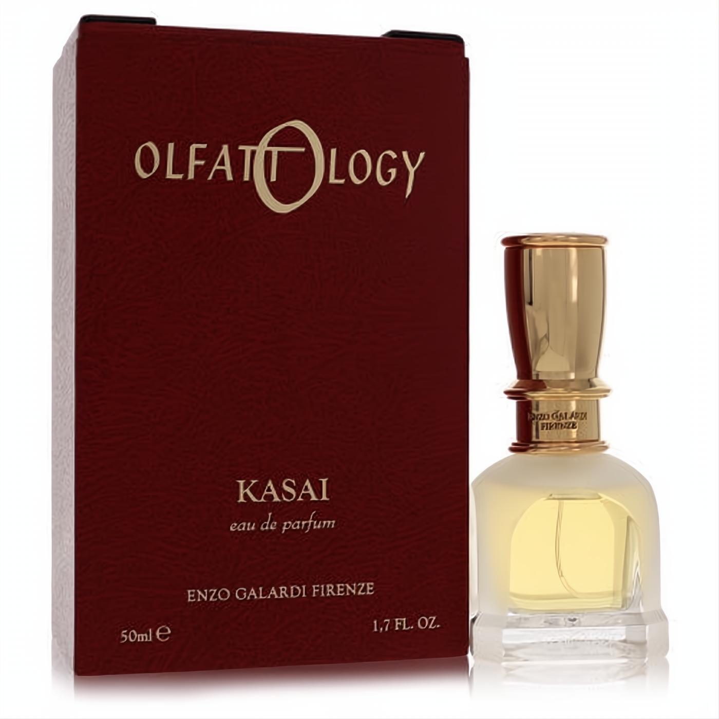 Olfattology Kasai 1.7 oz unisex EDP. Frosted glass bottle with a gleaming gold cap, next to its elegant deep red box.