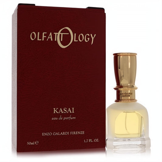 Olfattology Kasai 1.7 oz unisex EDP. Frosted glass bottle with a gleaming gold cap, next to its elegant deep red box.