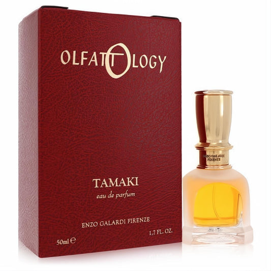 Olfattology Tamaki by Enzo Galardi 1.7 oz. Elegant frosted glass bottle with gold cap, beside its luxurious deep red textured box.