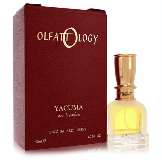 Luxurious Olfattology Yacuma 1.7 oz EDP in a frosted glass bottle with a gleaming gold cap, beside its elegant red textured box.