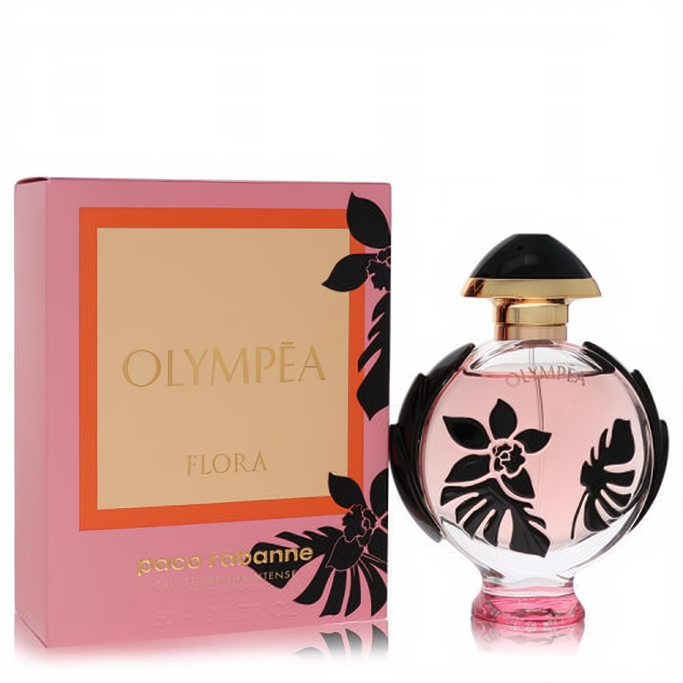 Paco Rabanne Olympea Flora 1.7 oz EDP Intense. Pink perfume in a clear bottle with black floral accents and a vibrant pink box.