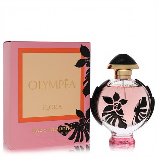 Paco Rabanne Olympea Flora 1.7 oz EDP Intense. Pink perfume in a clear bottle with black floral accents and a vibrant pink box.