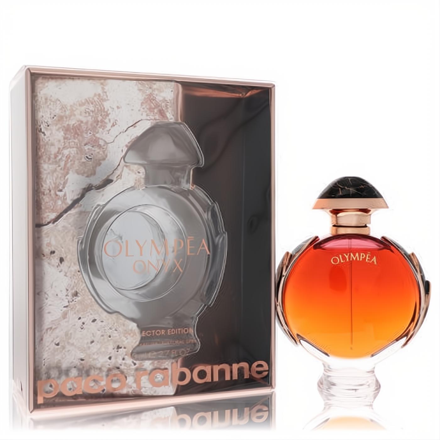 Paco Rabanne Olympea Onyx Collector Edition 2.7 oz perfume. Radiant orange-red bottle, gold accents, marbled cap, and elegant rose gold box.