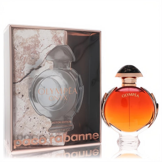 Paco Rabanne Olympea Onyx Collector Edition 2.7 oz perfume. Radiant orange-red bottle, gold accents, marbled cap, and elegant rose gold box.