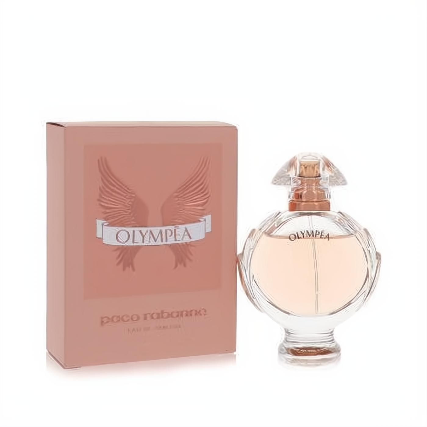 Paco Rabanne Olympea perfume bottle: clear glass, peach liquid, elegant laurel wreath shape, rose gold cap. Paired with its winged, rose gold box.