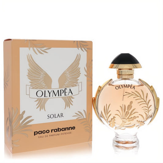 Captivating Olympea Solar Paco Rabanne Eau De Parfum Intense 1.7 oz spray, featuring a radiant gold-winged bottle and elegant peach box.