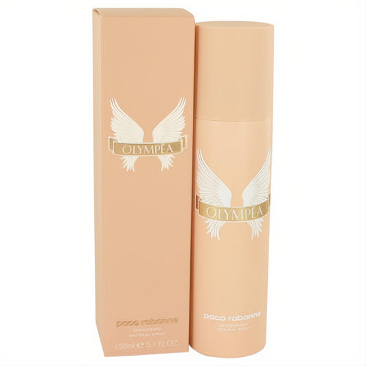 Luxurious Paco Rabanne Olympea 5.1 oz women's deodorant spray in a sleek peach bottle and matching box, featuring iconic white wings.