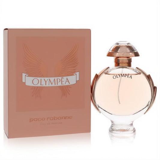 Olympea by Paco Rabanne 1.7 oz EDP. Exquisite clear glass bottle with rose gold wings, light pink liquid, and luxurious matching box.