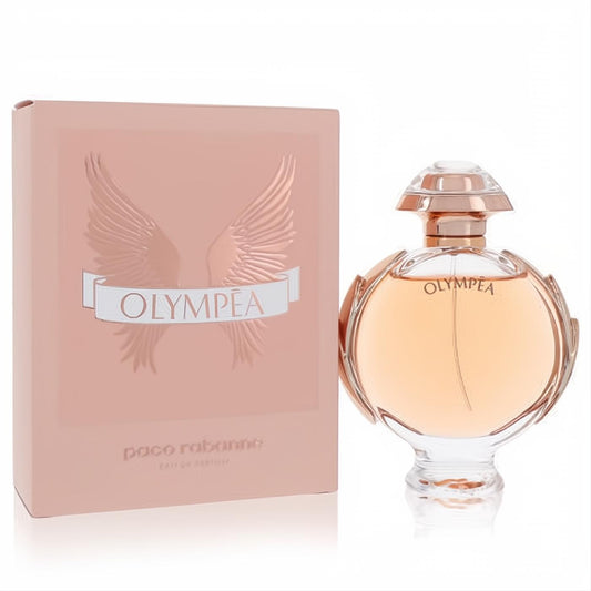 Iconic Olympea by Paco Rabanne Eau De Parfum. Clear glass bottle with peach liquid, rose gold winged accents, and matching embossed box.