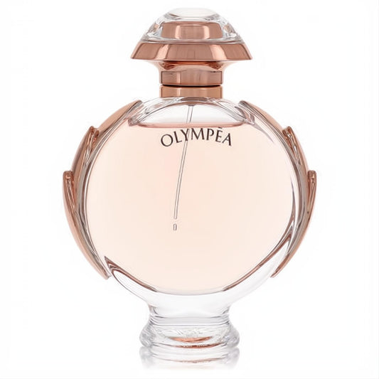 Captivating Olympea Paco Rabanne 2.7 oz women's perfume tester. Round bottle with rose gold wings, pale pink fragrance, and clear cap.