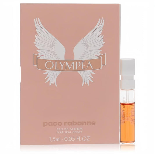 Olympea by Paco Rabanne .05 oz women's perfume sample. Pink card with white winged logo, clear glass vial of amber fragrance.