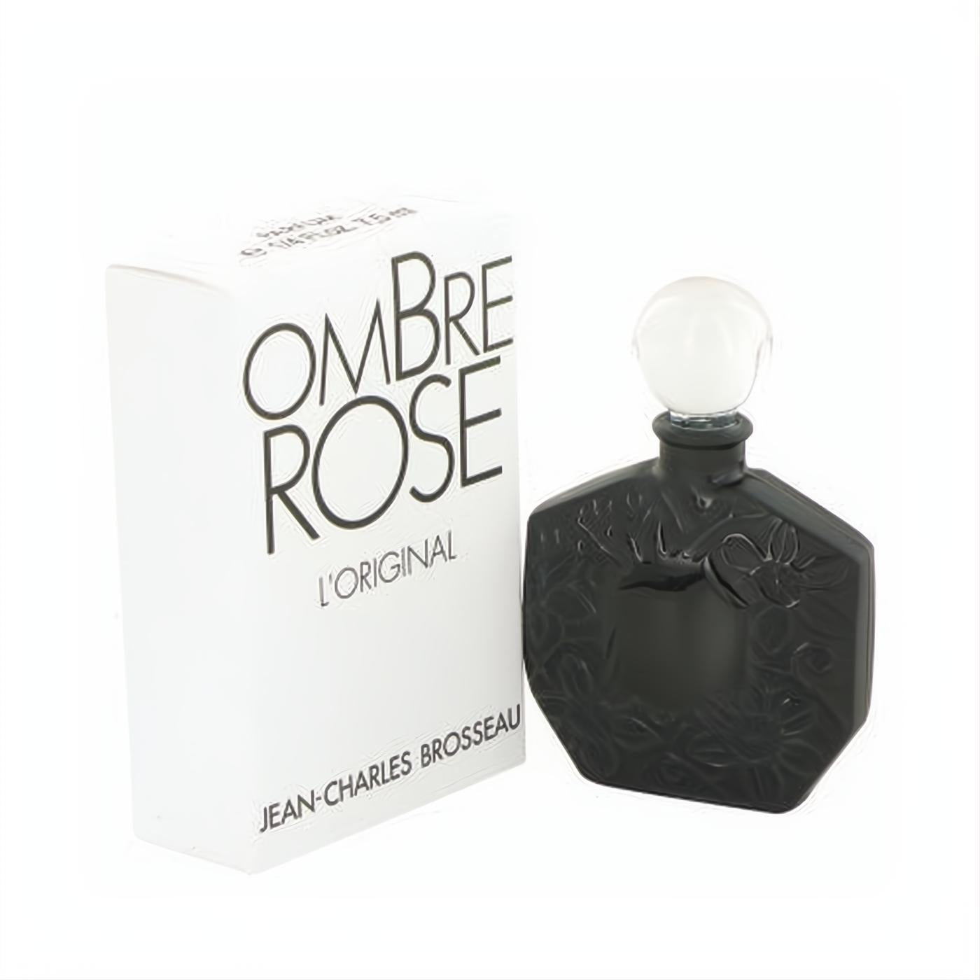 Ombre Rose by Brosseau .25 oz pure perfume. Elegant black bottle with embossed floral design, white cap, and matching white box.