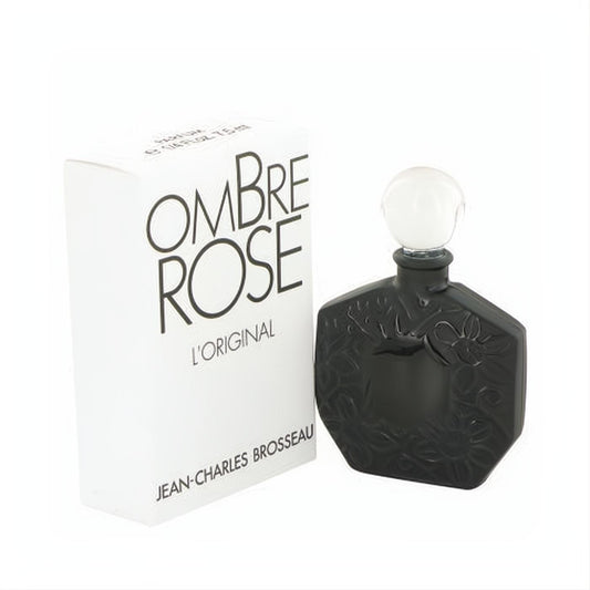 Ombre Rose by Brosseau .25 oz pure perfume. Elegant black bottle with embossed floral design, white cap, and matching white box.