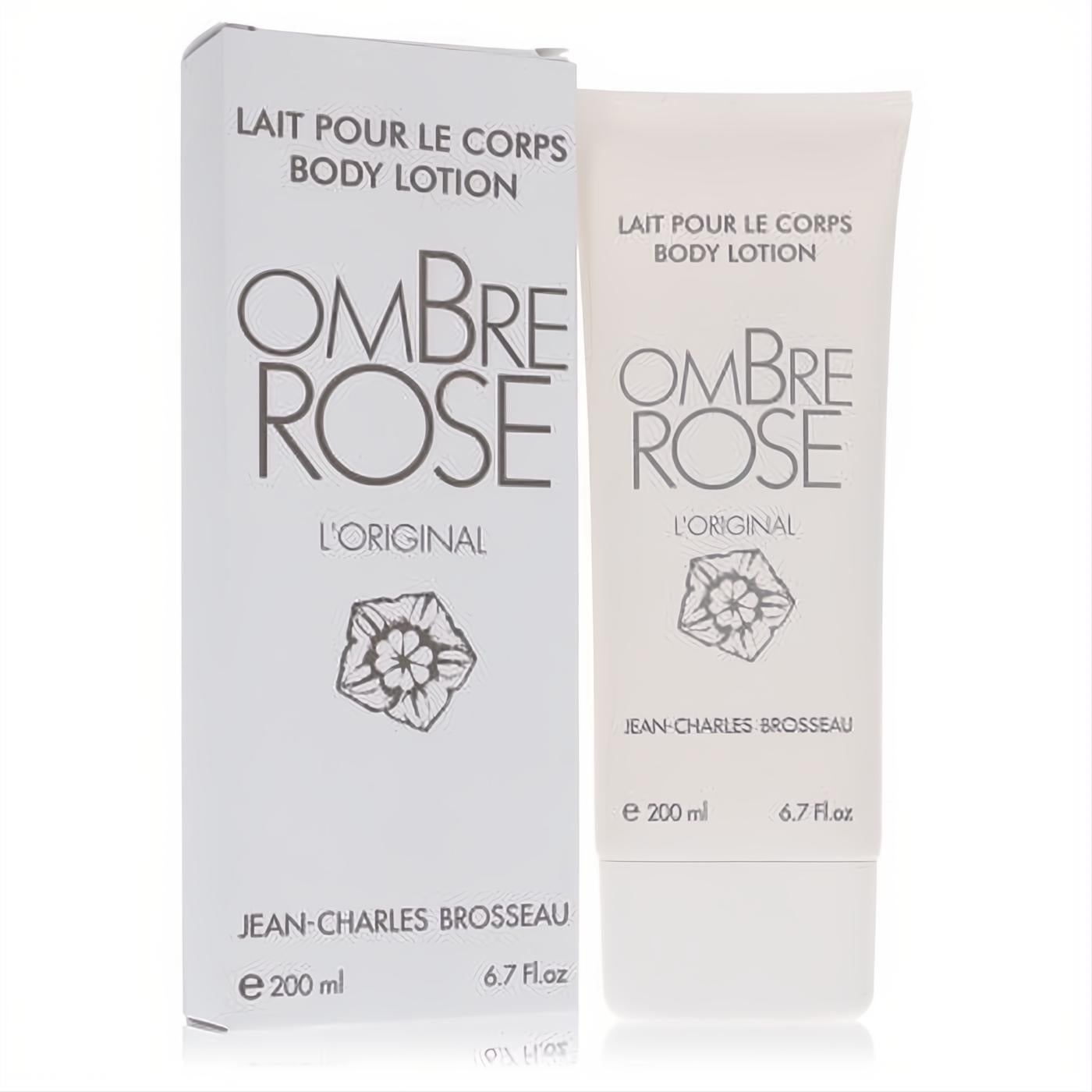 Experience Ombre Rose by Brosseau 6.7 oz body lotion. Sleek white tube and elegant box with a delicate floral design.