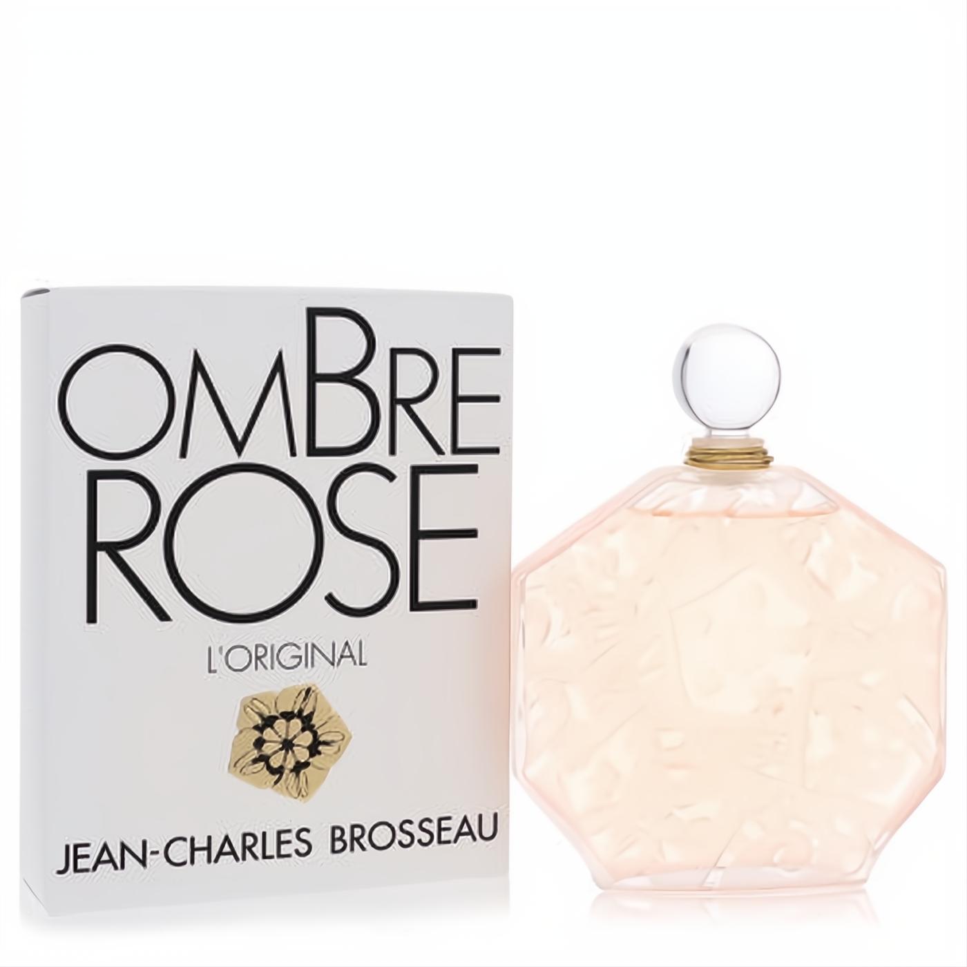 Ombre Rose by Brosseau EDT. Elegant faceted glass bottle with light pink fragrance, gold neck, clear cap, and white box with gold floral design.
