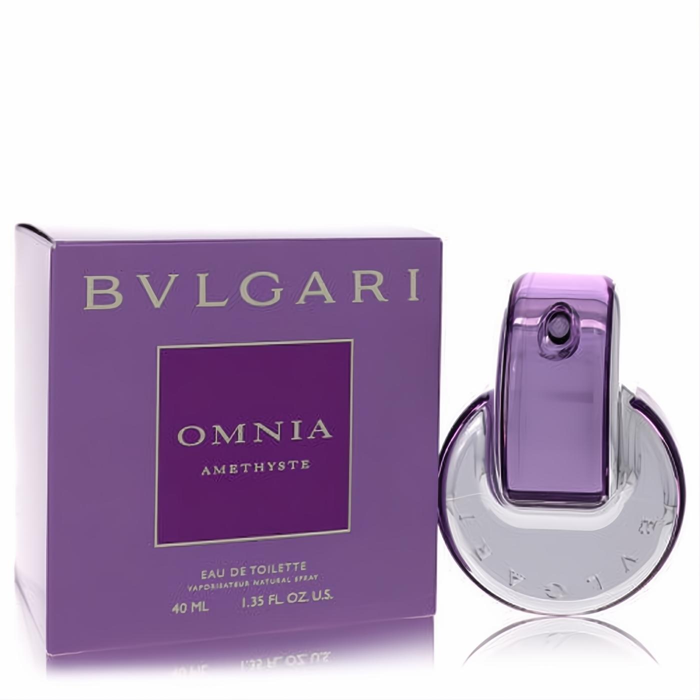 Discover the elegant Bvlgari Omnia Amethyste 1.3 oz EDT, featuring a vibrant purple box and unique amethyst glass bottle.