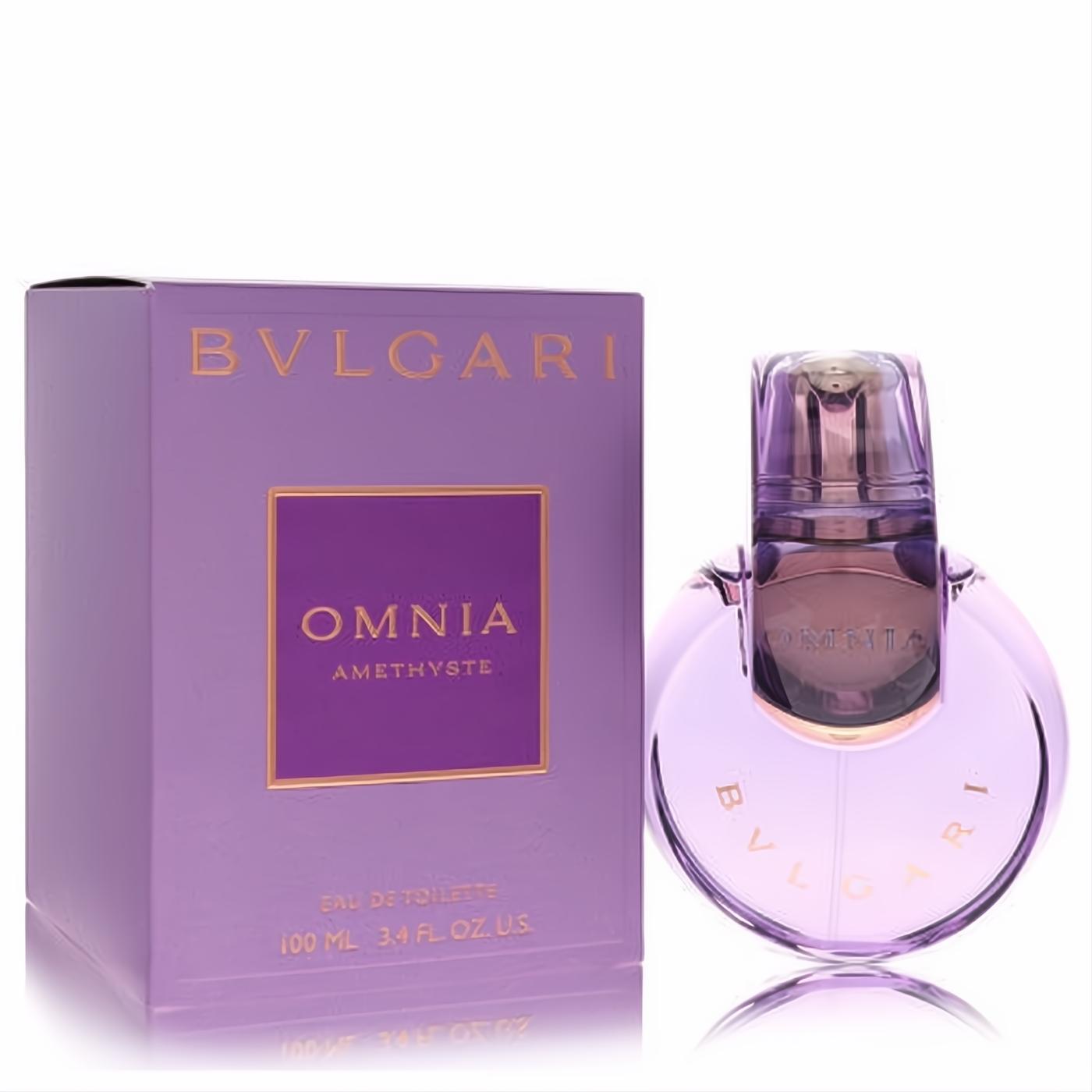 Bvlgari Omnia Amethyste 3.4 oz EDT. Captivating amethyst purple bottle, unique interlocking design, and elegant matching box.