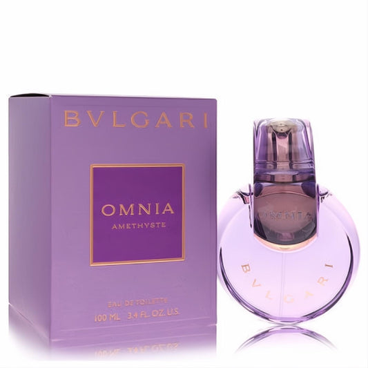 Bvlgari Omnia Amethyste 3.4 oz EDT. Captivating amethyst purple bottle, unique interlocking design, and elegant matching box.