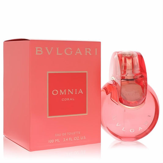 Bvlgari Omnia Coral 3.4 oz Eau De Toilette. Vibrant coral box and elegant, intertwined pink glass bottle.
