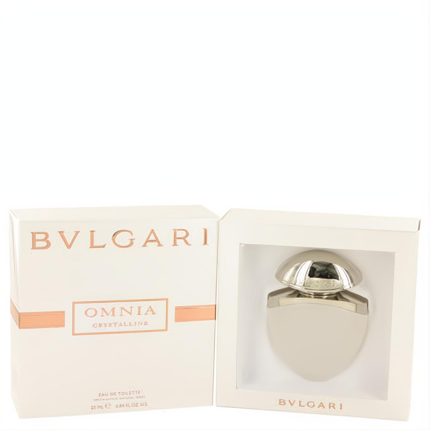 Experience Bvlgari Omnia Crystalline .85 oz EDT spray: unique silver bottle and elegant white rose gold box.