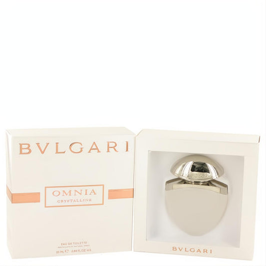 Experience Bvlgari Omnia Crystalline .85 oz EDT spray: unique silver bottle and elegant white rose gold box.