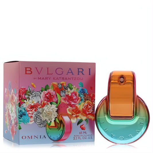 Exquisite Bvlgari Omnia Floral 2.2 oz EDP spray. Features a vibrant floral box and a stunning orange-to-teal gradient glass bottle.