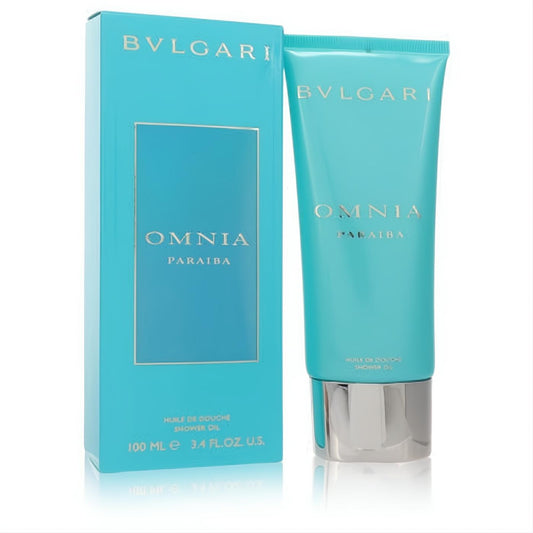 Experience Bvlgari Omnia Paraiba 3.4 oz shower oil. Refreshing teal tube and box with sleek silver cap for a serene, tropical escape.