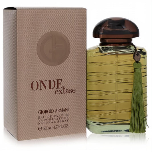 Onde Extase by Giorgio Armani 1.7 oz women's EDP. Elegant clear bottle, etched waves, dark cap, chic green tassel. Textured beige box.
