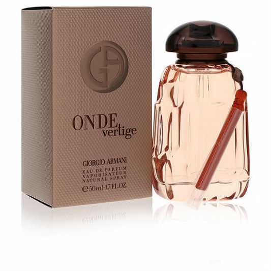 Luxurious Giorgio Armani Onde Vertige 1.7 oz EDP spray in a sculpted peach glass bottle with a bronze cap, next to its textured box.