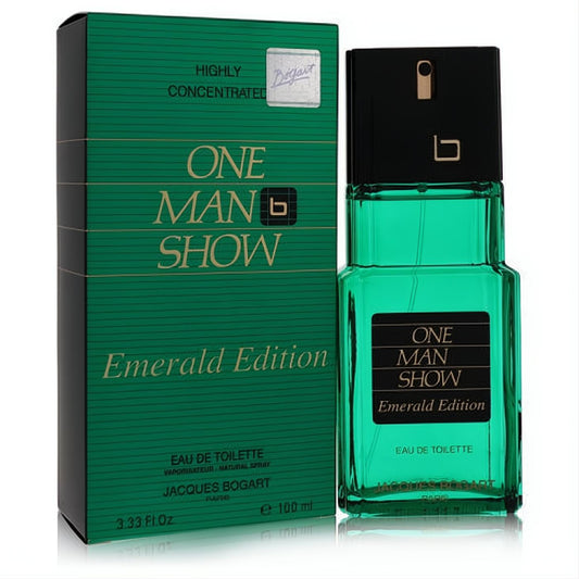 Bold One Man Show Emerald 3.4 oz EDT spray by Jacques Bogart. Vibrant green bottle, sleek black cap, and elegant matching box.