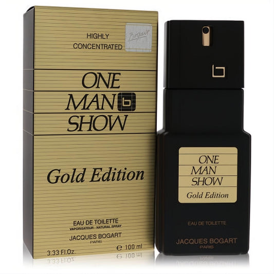 Sleek black One Man Show Gold by Jacques Bogart 3.3 oz EDT spray bottle with gold label, next to its elegant gold striped box.