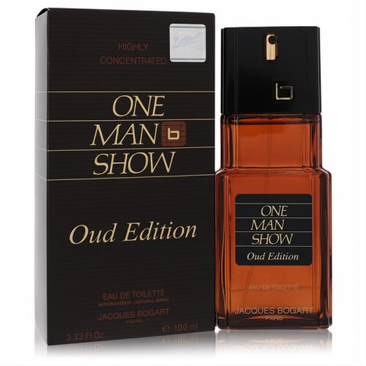 Sophisticated One Man Show Oud Edition men's 3.4 oz EDT. Amber glass bottle with sleek black cap, beside its elegant dark brown box.