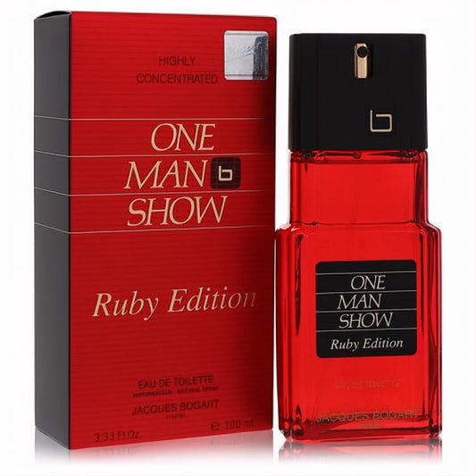 Striking red One Man Show Ruby Edition 3.3 oz men's cologne bottle and box by Jacques Bogart. Make a bold statement.