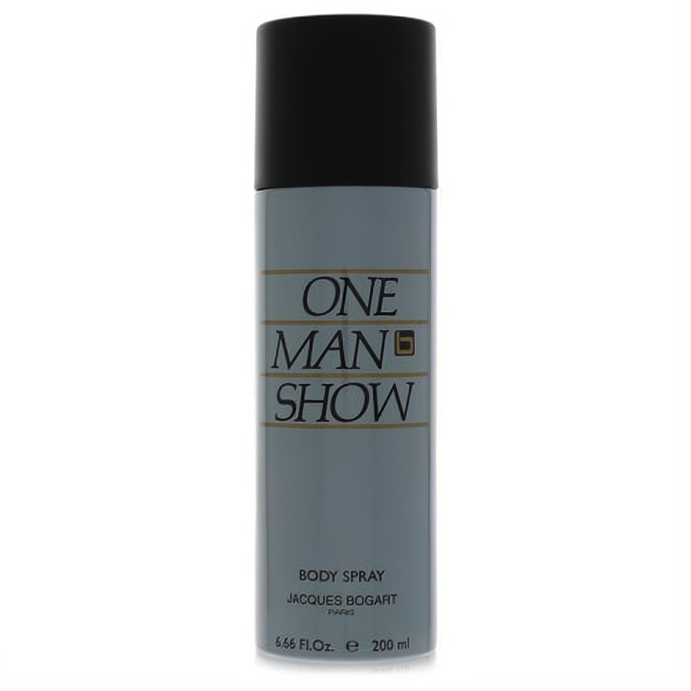 Timeless One Man Show Jacques Bogart 6.6oz men's body spray. Sleek grey metal can, black cap, bold gold lettering.