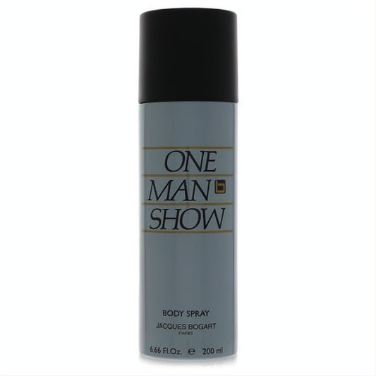 Timeless One Man Show Jacques Bogart 6.6oz men's body spray. Sleek grey metal can, black cap, bold gold lettering.