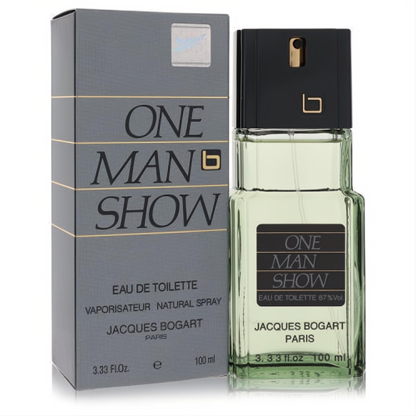 One Man Show Jacques Bogart 3.3 oz EDT for men. Classic fragrance in clear bottle with light green liquid, black cap, and elegant gray box.