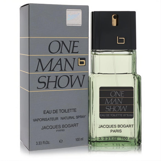 One Man Show Jacques Bogart 3.3 oz EDT for men. Classic fragrance in clear bottle with light green liquid, black cap, and elegant gray box.