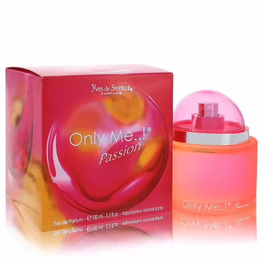 Captivating Only Me Passion by Yves De Sistelle 3.3 oz Eau de Parfum. Frosted pink bottle, elegant silver band, and vibrant matching box.