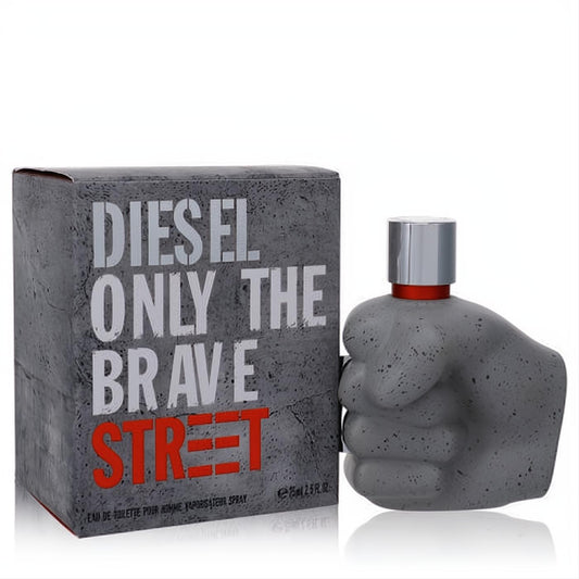 Bold Diesel Only The Brave Street 2.5 oz men's cologne in a unique gray concrete-textured fist bottle with silver cap, beside its matching box.