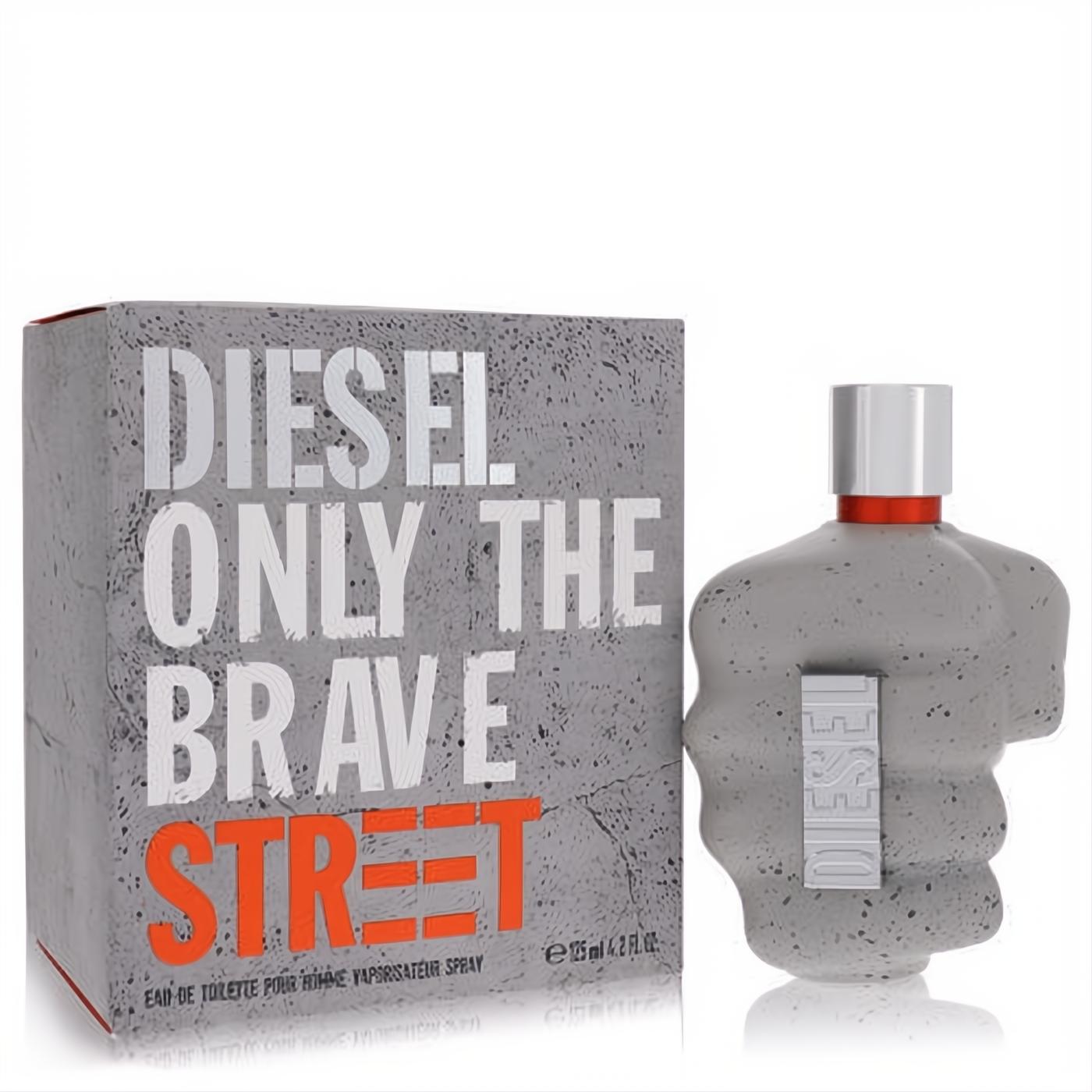 Diesel Only the Brave Street 4.2 oz men's cologne. Iconic grey concrete fist bottle, silver cap, and matching textured box.