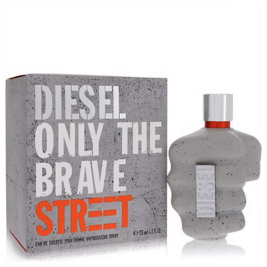 Diesel Only the Brave Street 4.2 oz men's cologne. Iconic grey concrete fist bottle, silver cap, and matching textured box.