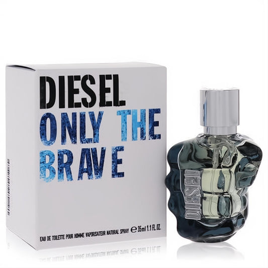 Unleash your power with Diesel Only The Brave 1.1 oz EDT. Iconic blue glass fist bottle and white branded box.