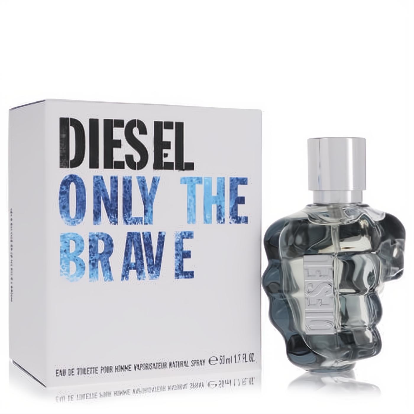 Diesel Only The Brave 1.7 oz EDT. Iconic clear glass fist bottle with silver cap, presented with its crisp white and blue gradient box.