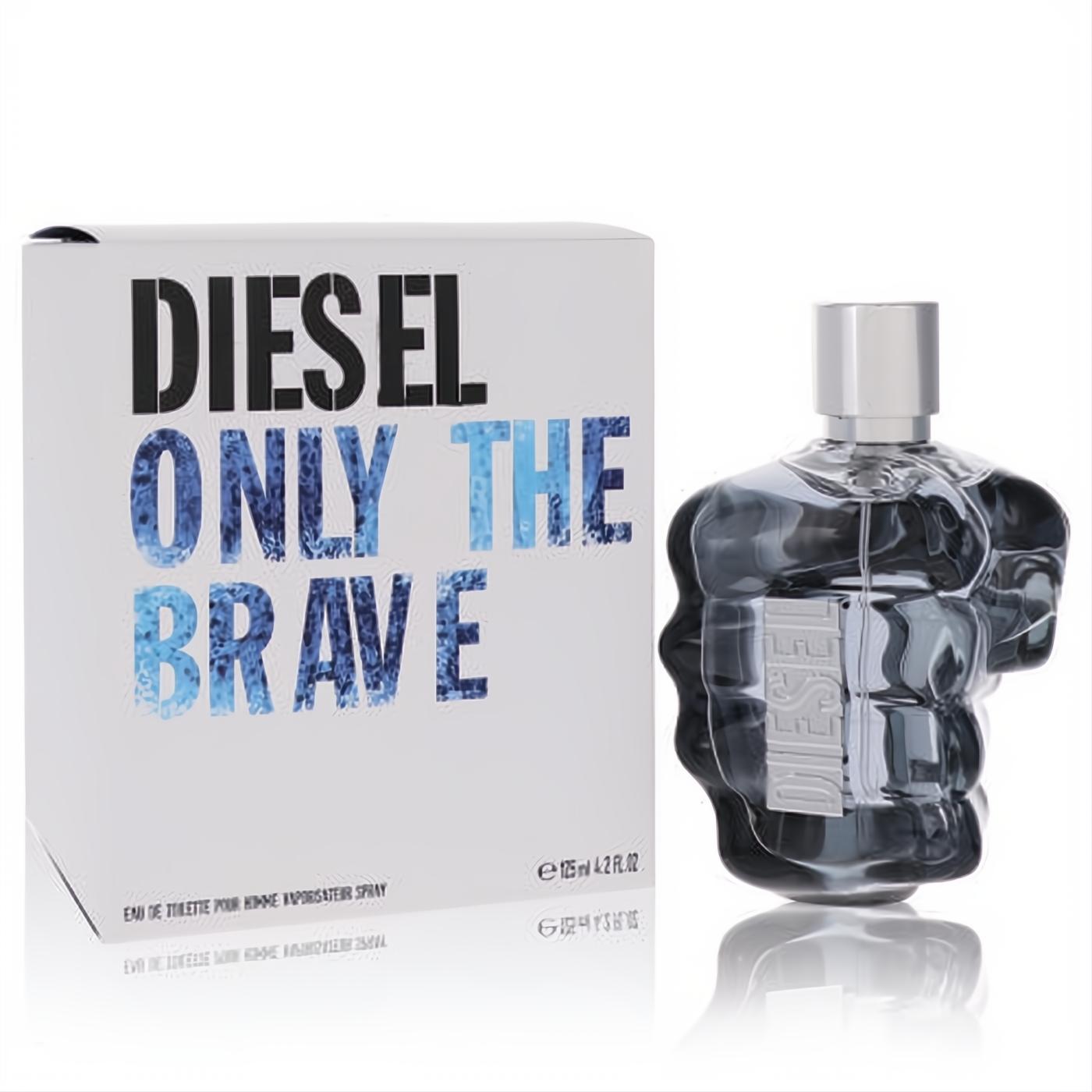 Diesel Only The Brave 4.2 oz Eau De Toilette. Bold grey fist bottle with silver cap, next to its branded white box.