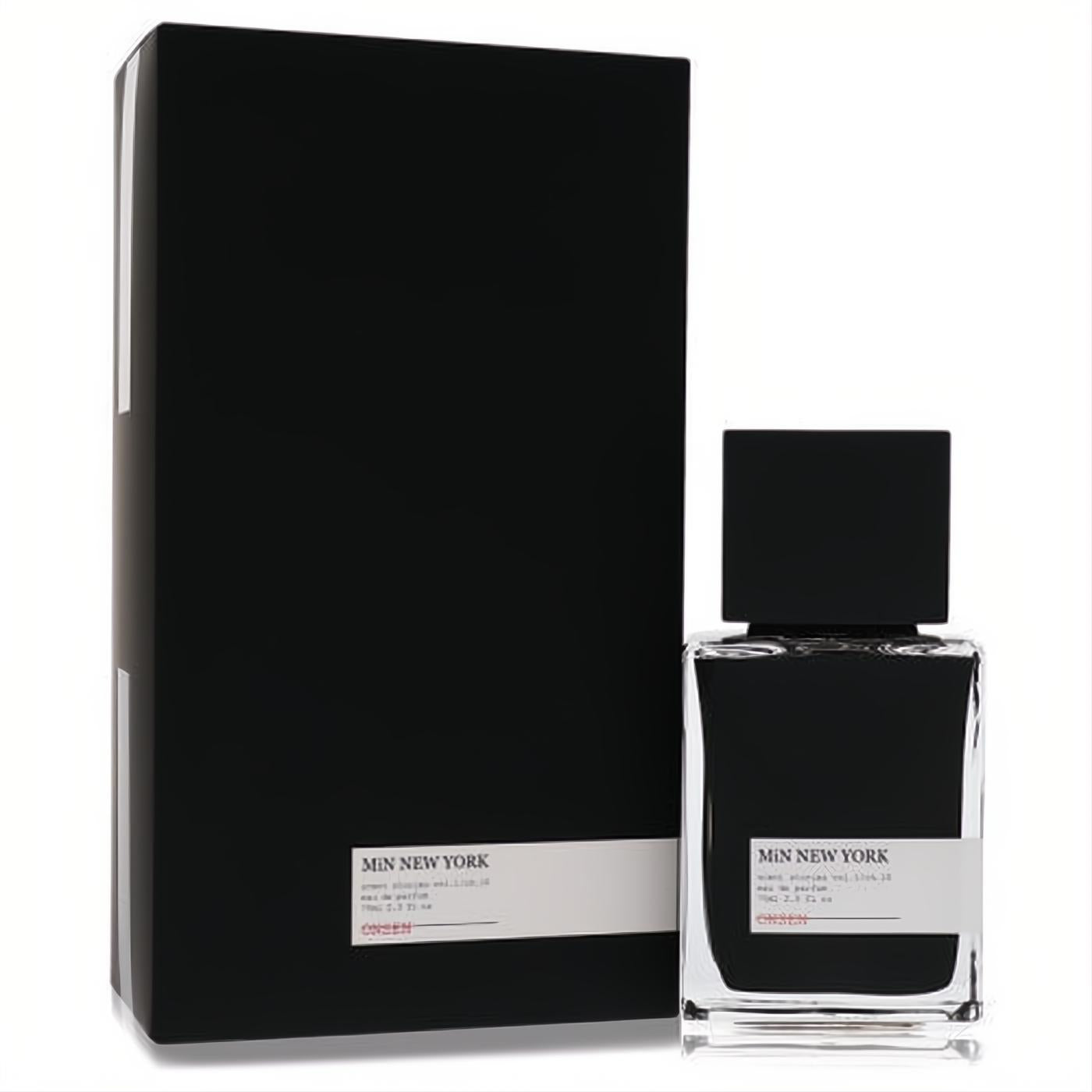 Min New York Onsen 2.5 oz unisex EDP in a sleek clear glass bottle with dark liquid, black cap, and minimalist box.
