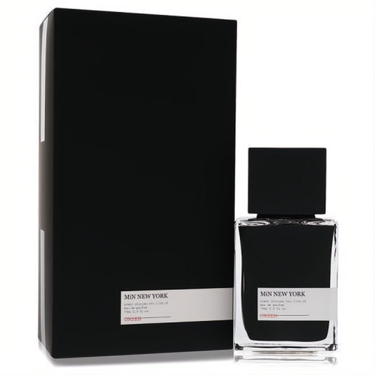 Min New York Onsen 2.5 oz unisex EDP in a sleek clear glass bottle with dark liquid, black cap, and minimalist box.