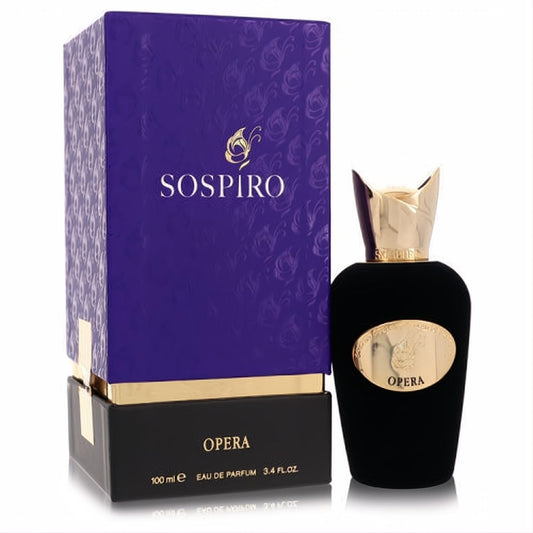 Luxurious Sospiro Opera 3.4 oz Eau de Parfum. Black velvet bottle with gold accents, regal purple textured box.